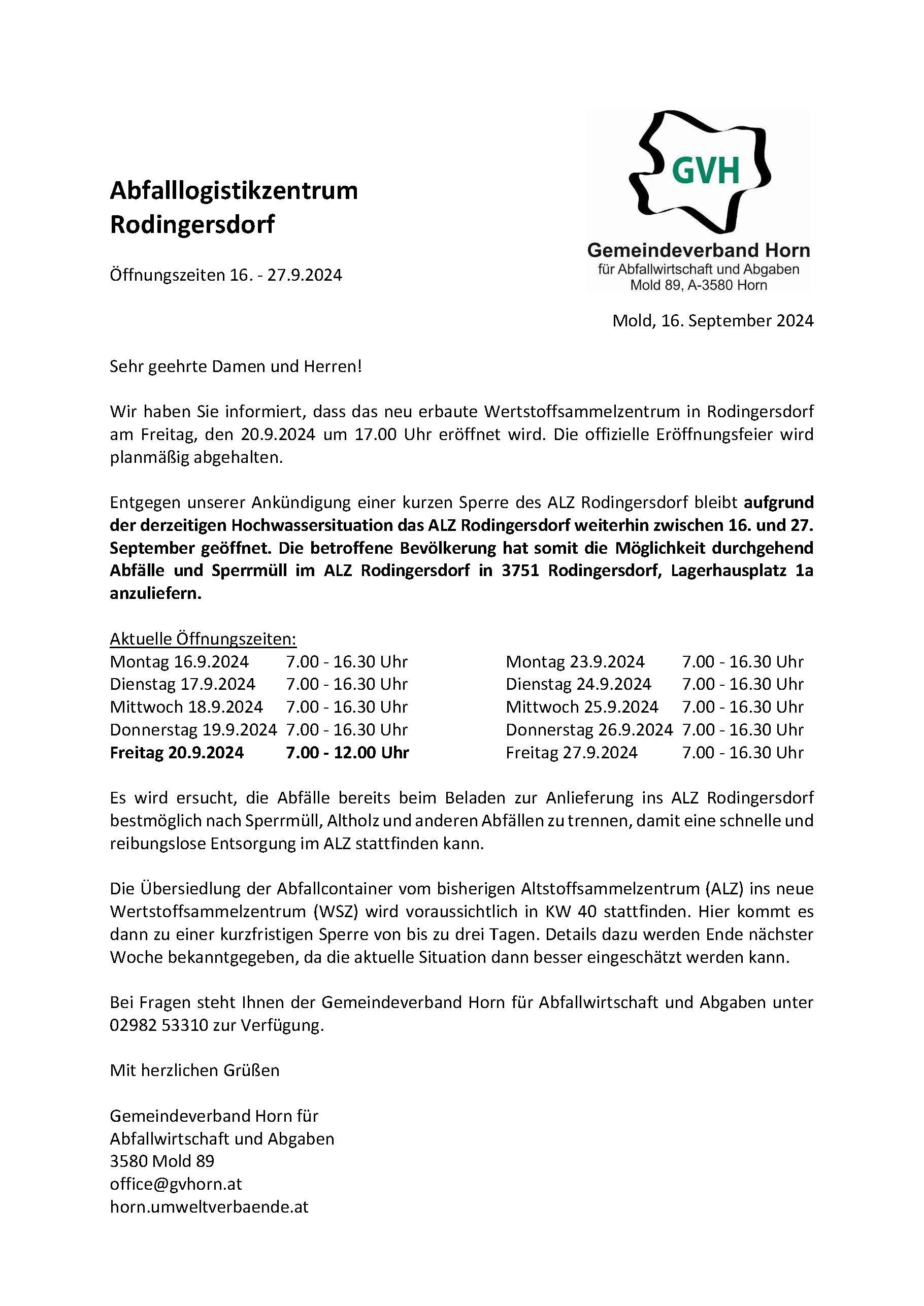 Öffnungszeiten ALZ Rodingersdorf